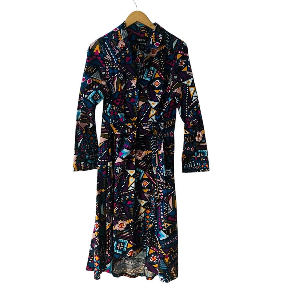 Ashro Neesha High Low Abstract Print Long Sleeve Tie Front Dress Size M Medium - Picture 3 of 7
